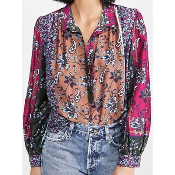 Xirena S Kiera Patchwork Silk Cotton Blend Top Blouse - Picture 1 of 6